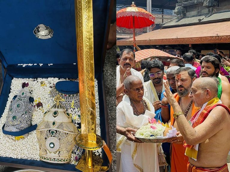 Ilayaraja donates diamond crowns to Mookambika Temple
